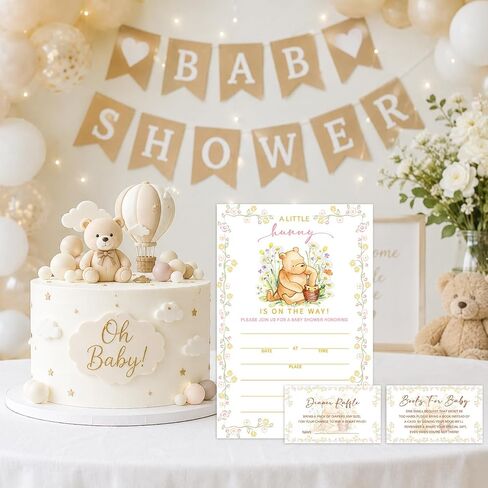 Lesixur Gold Floral Bear Baby Shower Card Set, 25 Baby Shower Invitations, Including Book Cards And Diaper Cards,Suitable For Party Invitations, Gender Reveal Games, And Party Supplies-29 in Kuwait