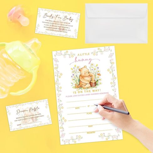 Lesixur Gold Floral Bear Baby Shower Card Set, 25 Baby Shower Invitations, Including Book Cards And Diaper Cards,Suitable For Party Invitations, Gender Reveal Games, And Party Supplies-29 in Kuwait