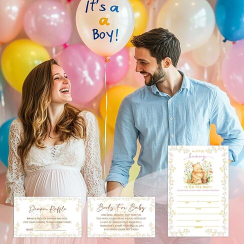 Lesixur Gold Floral Bear Baby Shower Card Set, 25 Baby Shower Invitations, Including Book Cards And Diaper Cards,Suitable For Party Invitations, Gender Reveal Games, And Party Supplies-29 in Kuwait