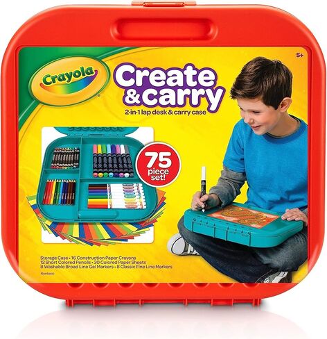 Crayola Create 'N Carry Travel Art Set for Kids (75pcs), 2-in-1 Lap Desk & Carrying Case, Essential Art Supplies Kit, Spring Crafting, Gift for Kids | Portable Art Set for Kids, Colored Pencils, Crayons, Markers, Drawing, Coloring, Crafting Gift for Boys  in Kuwait