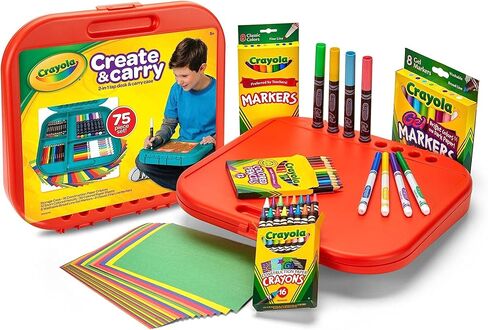 Crayola Create 'N Carry Travel Art Set for Kids (75pcs), 2-in-1 Lap Desk & Carrying Case, Essential Art Supplies Kit, Spring Crafting, Gift for Kids | Portable Art Set for Kids, Colored Pencils, Crayons, Markers, Drawing, Coloring, Crafting Gift for Boys  in Kuwait