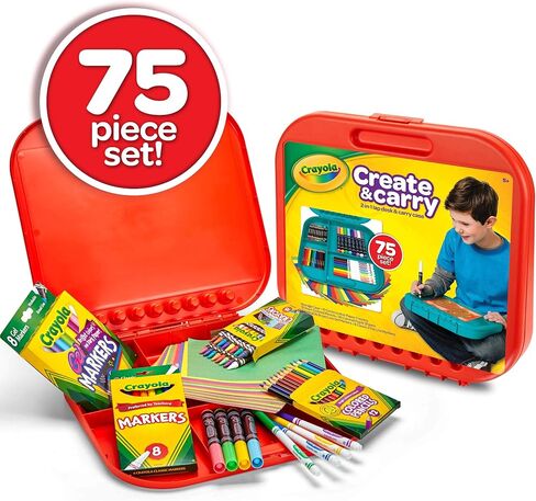 Crayola Create 'N Carry Travel Art Set for Kids (75pcs), 2-in-1 Lap Desk & Carrying Case, Essential Art Supplies Kit, Spring Crafting, Gift for Kids | Portable Art Set for Kids, Colored Pencils, Crayons, Markers, Drawing, Coloring, Crafting Gift for Boys  in Kuwait