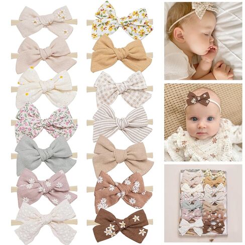 Fancy Clouds Baby Girl Bows and Headbands,14 pcs Stretchy Soft Nylon Hairbands Hair Bows for Newborns, Infants, Toddlers - Handmade Baby Hair Accessories for Girls Gifts in Kuwait