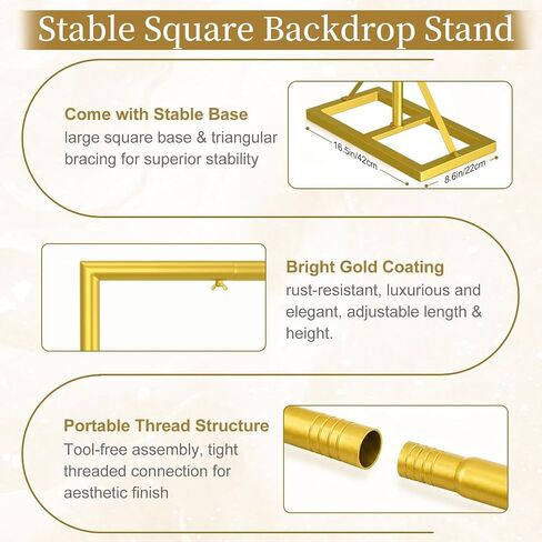 EMART 8FT Square Backdrop Stand Heavy Duty, Gold Metal with Triangle Base. Metal Backdrop Stand Kit Includes Water Bags & Ground Spikes, Portable Back Drop Stand for Party, Wedding, Birthday, Photo. in Kuwait