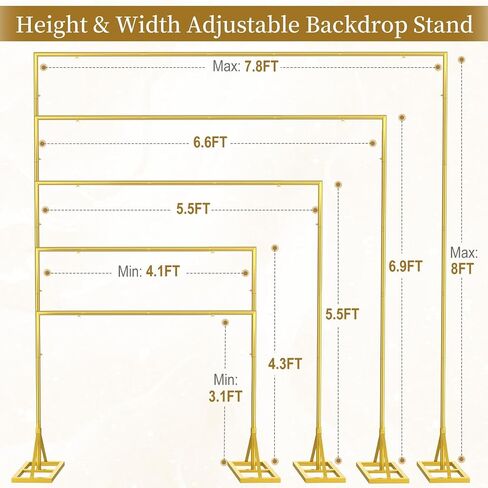 EMART 8FT Square Backdrop Stand Heavy Duty, Gold Metal with Triangle Base. Metal Backdrop Stand Kit Includes Water Bags & Ground Spikes, Portable Back Drop Stand for Party, Wedding, Birthday, Photo. in Kuwait
