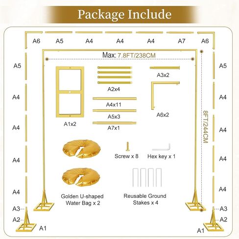 EMART 8FT Square Backdrop Stand Heavy Duty, Gold Metal with Triangle Base. Metal Backdrop Stand Kit Includes Water Bags & Ground Spikes, Portable Back Drop Stand for Party, Wedding, Birthday, Photo. in Kuwait