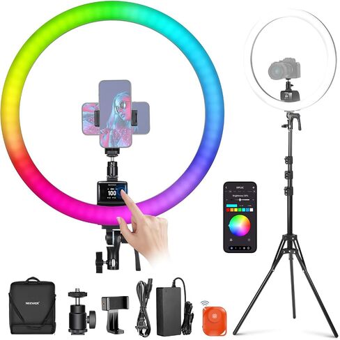 NEEWER SRP18C 18 Inch RGB LED Ring Light Kit with Reversible Tripod Light Stand App Control Phone Holder Compatible with iPhone, Ultra Slim Ringlight for Makeup Video Recording Selfie Studio Streaming in Kuwait