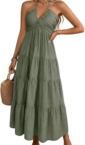 JTFFY Women's Summer Flowy Maxi Dress Halter Neck Ruched Smocked Boho Beach Vacation Sundress in Kuwait