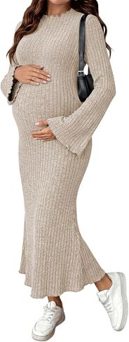BLENCOT فساتين حمل مضلعة متماسكة الخريف جرس كم طويل كشكش الرقبة الحمل Bodycon سترة فستان in Kuwait