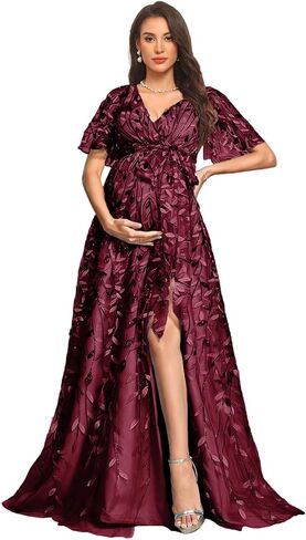 FANGHEIA Sequin Emboridery Maternity Dresses V-Neck Laces Tulle Baby Shower Dress A-Line Pregnant Photoshoot with Slit in Kuwait