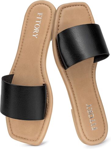 FITORY Womens Slide Sandals Dressy Flat Comfortable Slippers for Summer | Slip On Fashion Square Open Toe Single Band Soft Cushioned Footbed Casual Beach Vacation Daily Wear in Kuwait