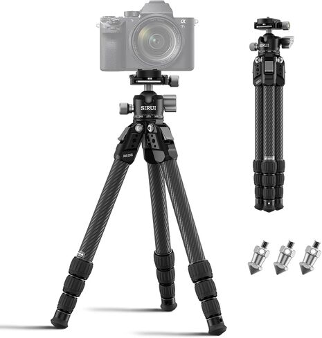 SIRUI 31.5" Compact Carbon Fiber Small Desktop Tripod with Low Profile Ball Head, Portable Lightweight Backpack Camera Tripod with Spikes for Travel Vlogging Tabletop, Macro Photography, AM-224S+G0 in Kuwait