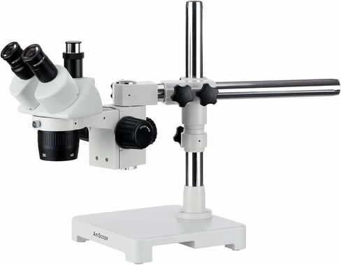 AmScope SW-3T24X Trinocular Stereo Microscope, WH10x Eyepieces, 10X/20X/40X Magnification, 2X/4X Objective, Single-Arm Boom Stand, Includes 0.5x Barlow Lens | DIN Standard RMS 20.32mm Thread 160mm Finite Tube Length Compatible Numerical Aperture 0.10 76mm in Kuwait