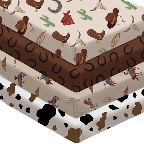 4 Pack Western Cowboy Crib Sheets Set - Fits Standard 52"x28"x8" Crib & Toddler Mattress, Soft Breathable Polyester Baby Nursery Bedding, Cowboy Cow Print Fitted Sheets for Boys in Kuwait