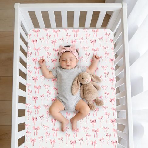Crib Sheet for Baby Girls, Soft and Breathable Toddler Bed Sheets, Baby Fitted Crib Mattress Sheet 52"x28" Perfect for Standard Crib Mattress, Pink Bow in Saudi Arabia