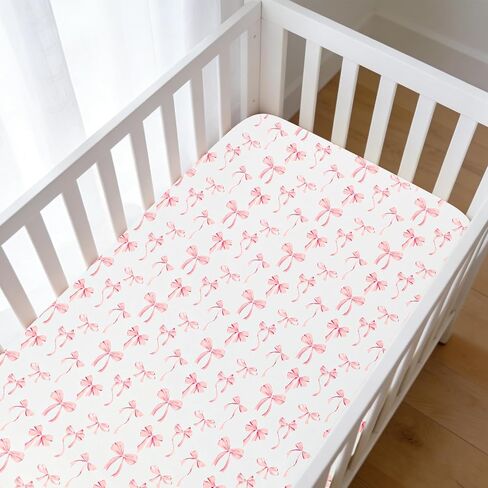 Crib Sheet for Baby Girls, Soft and Breathable Toddler Bed Sheets, Baby Fitted Crib Mattress Sheet 52"x28" Perfect for Standard Crib Mattress, Pink Bow in Saudi Arabia