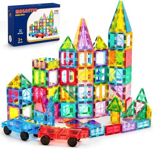 Ryoichi 138PCS Magnetic Tiles Set with 2 Cars, STEM Educational Construction Building Blocks & Montessori Learning Toys for Kids Ages 3-9+ Years in Kuwait