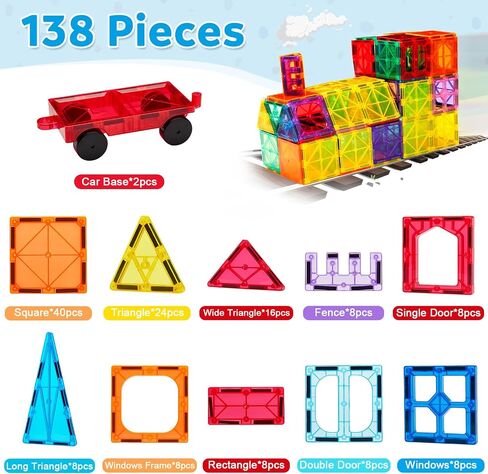 Ryoichi 138PCS Magnetic Tiles Set with 2 Cars, STEM Educational Construction Building Blocks & Montessori Learning Toys for Kids Ages 3-9+ Years in Kuwait