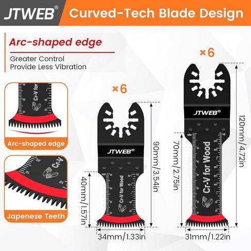 JTWEB Japanese Tooth Oscillating Saw Blades Wood, 12PCS Standard & Extra-Long Reach Arc-Shaped Edge Multitool Blades Clean Cut for Wood, Plastic, Power Oscillating Tool Blade Multi Tool Blades Kits in Kuwait