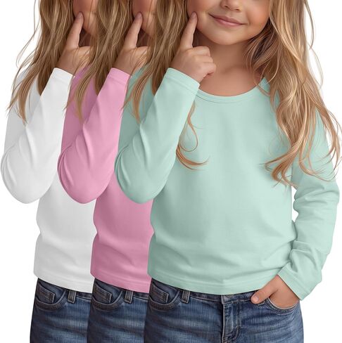 3 Pack Toddler Girls' Long Sleeve T-Shirts Baby Girls' Scoop Neck Knit Shirts Soft Basic Tops Clothes 18M-5T in Kuwait