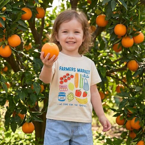 Toddler Girls Boys Tee Strawberry Print T-Shirt Kids Short Sleeve Fruit Vegetable Shirt Cute Summer Top Clothes (Khaki, 1-2 Years) in Kuwait