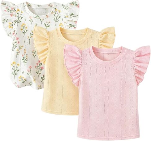 SOLY HUX Toddler Girl's Cute Summer Tops 3 Packs Ruffle Cap Sleeve Crewneck T Shirts Eyelet Vacation Tees in Kuwait