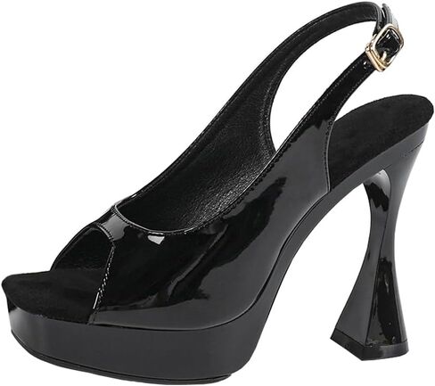 Black Heels Peep Toe 4.7 Inch Chunky Block Heels Platform Slingback Comfortable Heeld Sandals Pumps Party Prom Dress Shoes in Kuwait