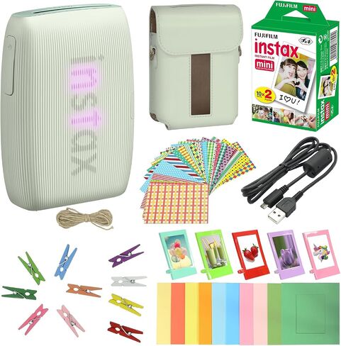 Bundle with Compatible Fuji Mini Link 3 Smartphone Printer Clay White + Fuji Film Value Pack 20 Sheets Accessories Bundle with Album + 5 Plastic Desk Frames + Paper & Sticker Frames (Sage Green) in Kuwait