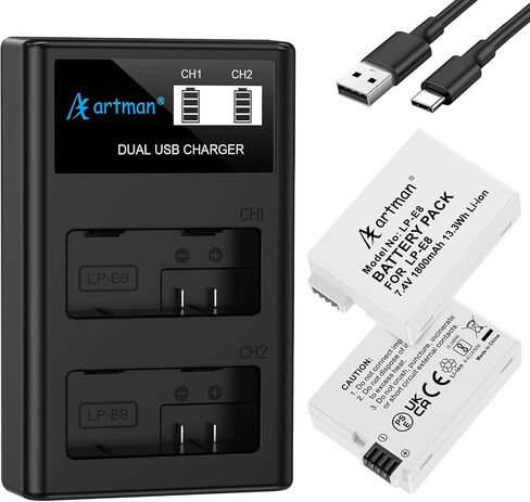 Artman Upgraded LP-E8 Battery and USB LCD Dual Charger Kit for Canon EOS Rebel T2i T3i T4i T5i, EOS Kiss X4 X5 X6 X7i, EOS 550D 600D 650D 700D, LC-E8E Digital Camera (2-Pack, 1800mAh) in Kuwait