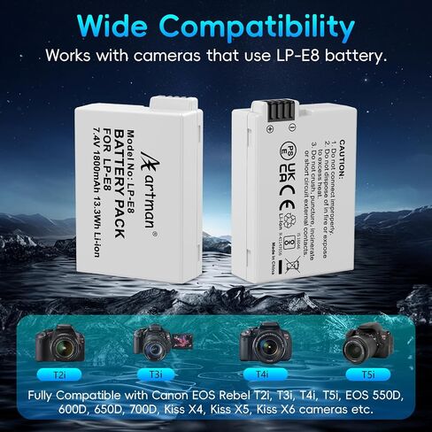 Artman 2-Pack LP-E8 Battery 1800mAh and 2-Slot LCD Charger Kit for Canon in Kuwait