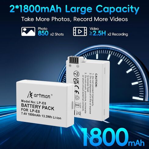 Artman 2-Pack LP-E8 Battery 1800mAh and 2-Slot LCD Charger Kit for Canon in Kuwait