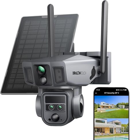 Dragon Touch 4G Cellular Security Camera, 4K Solar Camera Wireless Outdoor, 3 Lens Bullet-PTZ Cam, 360° View, 10X Optical Zoom, AI Track, Color Night Vision, 12000/9W Battery, 64GB Card Included in Kuwait