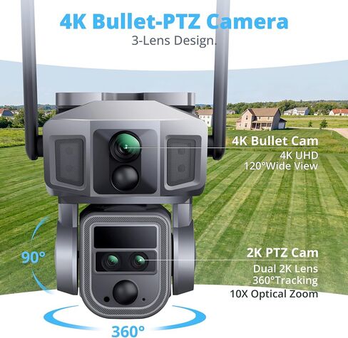 Dragon Touch 4G Cellular Security Camera, 4K Solar Camera Wireless Outdoor, 3 Lens Bullet-PTZ Cam, 360° View, 10X Optical Zoom, AI Track, Color Night Vision, 12000/9W Battery, 64GB Card Included in Kuwait