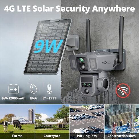Dragon Touch 4G Cellular Security Camera, 4K Solar Camera Wireless Outdoor, 3 Lens Bullet-PTZ Cam, 360° View, 10X Optical Zoom, AI Track, Color Night Vision, 12000/9W Battery, 64GB Card Included in Kuwait