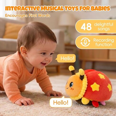 Interactive Crawling Ladybug Toy, Musical Plush Toy for Babies 6-36M | 40 Songs, Record & Repeat, USB Rechargeable, Crinkle Wings & Dance for Multi-Sensory Play, Soft Plush, Gift for Toddlers 1-3 in Kuwait