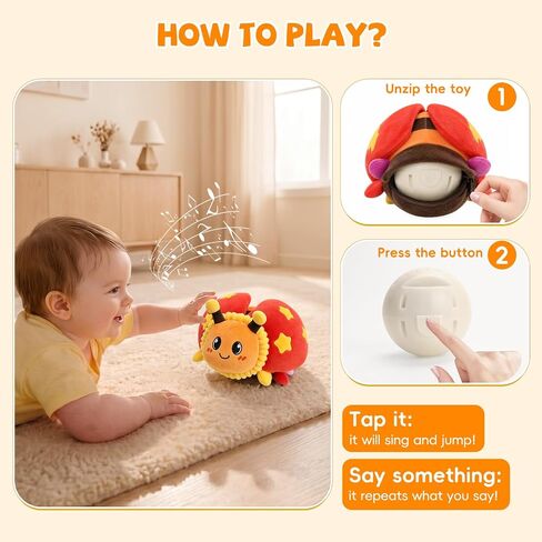 Interactive Crawling Ladybug Toy, Musical Plush Toy for Babies 6-36M | 40 Songs, Record & Repeat, USB Rechargeable, Crinkle Wings & Dance for Multi-Sensory Play, Soft Plush, Gift for Toddlers 1-3 in Kuwait