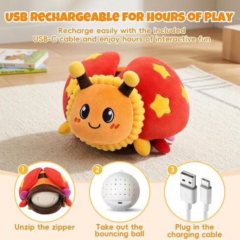 Interactive Crawling Ladybug Toy, Musical Plush Toy for Babies 6-36M | 40 Songs, Record & Repeat, USB Rechargeable, Crinkle Wings & Dance for Multi-Sensory Play, Soft Plush, Gift for Toddlers 1-3 in Kuwait