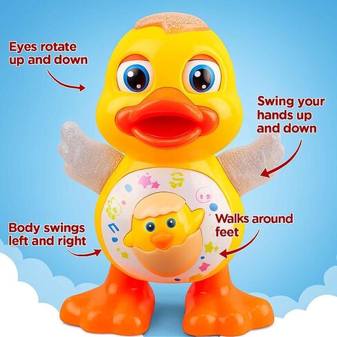 Dancing Duck Toy, Musical Waddling Duck with Flapping Wings and LED Effects | dancing baby toy for 6-12 months with music, LED lights, flapping wings and waddling motion for tummy time and floor play in Kuwait