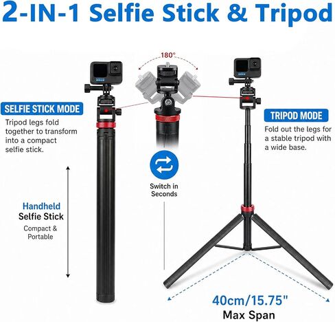 81" Extendable Selfie Stick Tripod for GoPro Mission 1 Pro Hero 13/12/11/10/Max, Aluminum Action Camera Tripod Stand for DJI Osmo Action 6/5 Pro/4/3, Insta360, DSLR, Portable Travel Vlogging in Kuwait