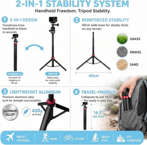 81" Extendable Selfie Stick Tripod for GoPro Mission 1 Pro Hero 13/12/11/10/Max, Aluminum Action Camera Tripod Stand for DJI Osmo Action 6/5 Pro/4/3, Insta360, DSLR, Portable Travel Vlogging in Kuwait