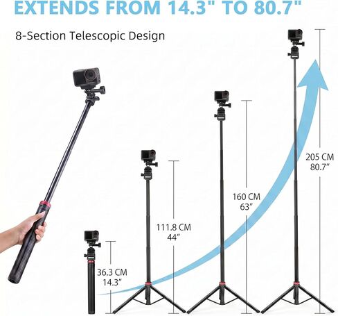 81" Extendable Selfie Stick Tripod for GoPro Mission 1 Pro Hero 13/12/11/10/Max, Aluminum Action Camera Tripod Stand for DJI Osmo Action 6/5 Pro/4/3, Insta360, DSLR, Portable Travel Vlogging in Kuwait