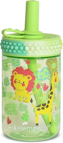 Elemental Totsy Kids Drinking Cup - BPA Free Toddler Cups with Lid and Straw - Lightweight & Leak Proof Tritan Plastic kids Cup - Bubble Grip Design for Small Hands - 12oz - Jungle Buddies in Kuwait