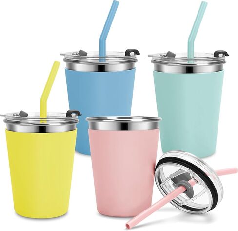 Kids Cups with Straws and Lids Leak Proof, 12oz Sippy Cups for Toddlers 1-3 No Spill, Spill Proof Cup Stainless Steel Kids Cup with Lids for School, Outdoor, 4 Pack in Kuwait