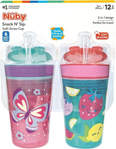 Nuby All in One Snack Bowl and No Spill Soft Straw Cup - 2 Pack Pink Butterflies & Aqua Fruits - Snack N' Sip, Holds: 4.5 oz Container with Lid and 9 oz/ 270 ml Straw Cup (12 Months +) | Pink Butterflies & Aqua Fruits, 4.5 oz Container with Lid, 9 oz/ 270 in Kuwait