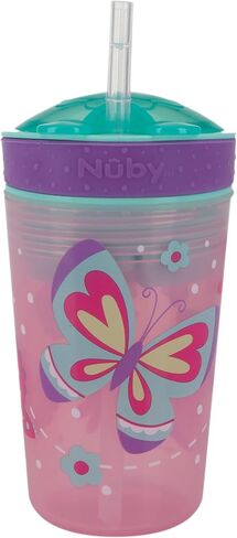 Nuby All in One Snack Bowl and No Spill Soft Straw Cup - 2 Pack Pink Butterflies & Aqua Fruits - Snack N' Sip, Holds: 4.5 oz Container with Lid and 9 oz/ 270 ml Straw Cup (12 Months +) | Pink Butterflies & Aqua Fruits, 4.5 oz Container with Lid, 9 oz/ 270 in Kuwait