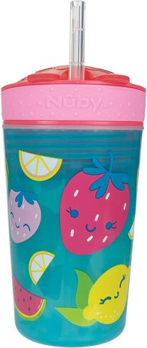 Nuby All in One Snack Bowl and No Spill Soft Straw Cup - 2 Pack Pink Butterflies & Aqua Fruits - Snack N' Sip, Holds: 4.5 oz Container with Lid and 9 oz/ 270 ml Straw Cup (12 Months +) | Pink Butterflies & Aqua Fruits, 4.5 oz Container with Lid, 9 oz/ 270 in Kuwait