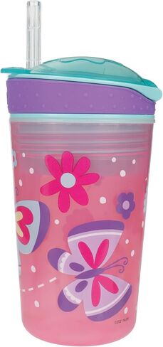 Nuby All in One Snack Bowl and No Spill Soft Straw Cup - 2 Pack Pink Butterflies & Aqua Fruits - Snack N' Sip, Holds: 4.5 oz Container with Lid and 9 oz/ 270 ml Straw Cup (12 Months +) | Pink Butterflies & Aqua Fruits, 4.5 oz Container with Lid, 9 oz/ 270 in Kuwait