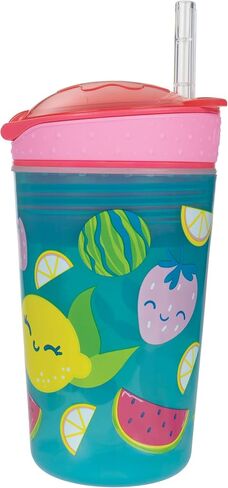 Nuby All in One Snack Bowl and No Spill Soft Straw Cup - 2 Pack Pink Butterflies & Aqua Fruits - Snack N' Sip, Holds: 4.5 oz Container with Lid and 9 oz/ 270 ml Straw Cup (12 Months +) | Pink Butterflies & Aqua Fruits, 4.5 oz Container with Lid, 9 oz/ 270 in Kuwait