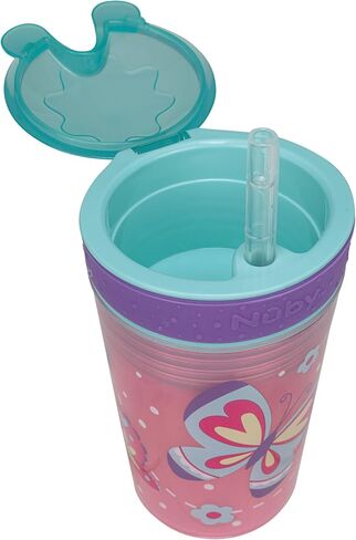 Nuby All in One Snack Bowl and No Spill Soft Straw Cup - 2 Pack Pink Butterflies & Aqua Fruits - Snack N' Sip, Holds: 4.5 oz Container with Lid and 9 oz/ 270 ml Straw Cup (12 Months +) | Pink Butterflies & Aqua Fruits, 4.5 oz Container with Lid, 9 oz/ 270 in Kuwait
