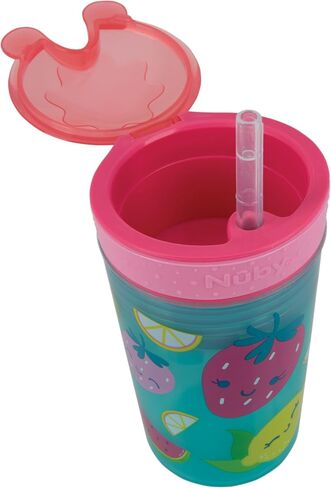 Nuby All in One Snack Bowl and No Spill Soft Straw Cup - 2 Pack Pink Butterflies & Aqua Fruits - Snack N' Sip, Holds: 4.5 oz Container with Lid and 9 oz/ 270 ml Straw Cup (12 Months +) | Pink Butterflies & Aqua Fruits, 4.5 oz Container with Lid, 9 oz/ 270 in Kuwait